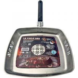 Venteo Poêle Barbecue Inox avec Poignée Ergonomique Amovible Grille bbq en Acier Inoxydable Résistant Cuisson Homogène pour Viandes, Légumes, Poissons &