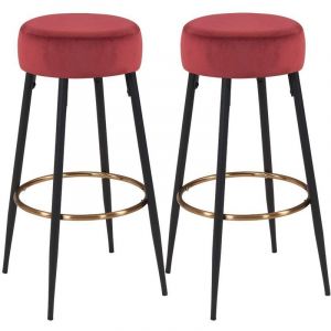 Décoshop26 Lot de 2 tabourets de bar en tissu velours rouge cadre en métal avec repose-pieds TDB09152