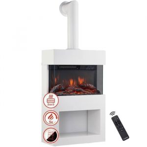KAMINIO Chemin&eacute;e &eacute;lectrique HENRI avec tuyau - Po&ecirc;le avec chauffage, effet de flamme 3D, compartiment &agrave; bois, t&eacute;l&eacute;commande - Blanc
