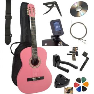 AMROVA Pack Guitare Classique 4/4 (Adulte) + 10 Accessoires (Housse Support Accordeur) + Cours Vid&eacute;o & CD (Rose 4/4 Droit)