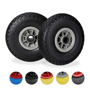 Relaxdays Roue de brouette, lot de 2, caoutchouc, 3.00-4, roue de rechange, pour axe de 25 mm, 260x85 mm, noir-gris