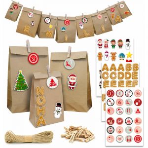DuneDesign XXL SET AVEC NOMS : Calendrier de l'Avent DIY - 24 Sacs Cadeaux Sac en Papier 3 Tailles 100 Stickers Avent Guirlande Kraft a Remplir Soi Meme Enfant marron