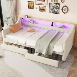 Fortuna Lai - Lit simple 90x200cm - canap&eacute; lit avec led, prise usb, sommier &agrave; lattes et 2 tiroirs - sans matelas - lin, beige