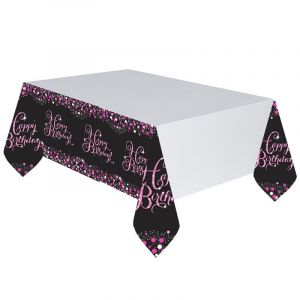 Nappe en Plastique "Happy Birthday" Rose / Noir