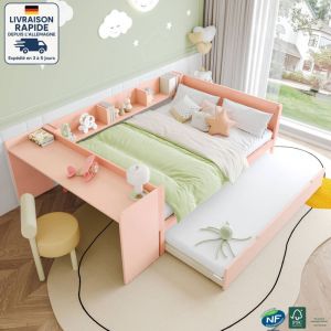 Lits gigognes 140x200cm, lit double avec bureau et étagères, pin, sans matelas, rose