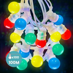 SkyLantern Guirlande Guinguette 100M Multicolore IP65 Cable Blanc - Guirlande Electrique Exterieur 100 Bulbes Multicolore - Guirlande Guinguette Exterieure D&eacute;co