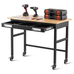 VEVOR Établi de 1220 mm, Table de Travail avec tiroir Coulissant et roulettes, capacité de Charge de 680 kg, Table Roulant Robuste avec Plateau en Bois de chêne pour Garage, Atelier, Bureau et Maison
