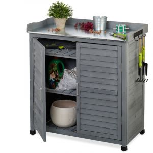Relaxdays Table à Plantes avec Rangement, 3 Crochets, Bois, Plateau en étain, HLP: 94 x 94 x 47 cm, Armoire Jardin, Gris
