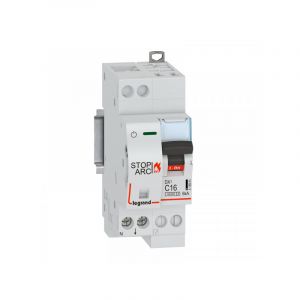 Legrand Disjoncteur DX STOP ARC 4500 6kA arrivée haute auto et sortie basse borne à vis 1P+N 230V~ 16A courbe C 2 modules (415901)