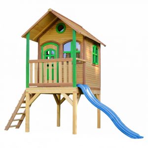 Axi Maisonnette enfant avec toboggan bleu, Bois FSC, marron/vert
