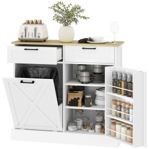 Homcom Buffet cuisine - meuble poubelle 38L - 2 tiroirs, &eacute;tag&egrave;re &agrave; &eacute;pices et plan de travail - MDF - 100 x 36 x 90 cm - blanc