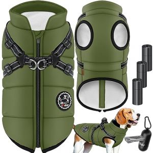 Lovpet Manteau pour Chien avec Harnais, 45 Sacs à déjections Canines + Distributeur, Gilet d'hiver doublé imperméable, Gilet rembourré avec Sangle de Poitrine, réflecteurs, Anneau en D, Taille 2XL,