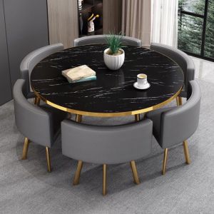 MEUBLER DESIGN Table &Agrave; Manger Ronde Effet Marbre Noir Et Chaises Encastrable Popup Xl - Marbre Noir Chaises Gris, Marbre, Rond, Style, 120 x 120 x