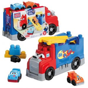 Image de Mega Bloks Coffret Camion Course et Construction avec 19 pièces, 2 voitures de course et un rangement, rouge, pour les enfants à partir de 1 an, JFR29