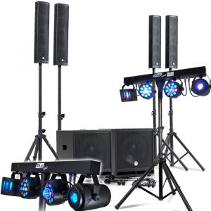Bm sonic KIT SONO COMPLET 2400W DJ, 4 Enceintes satellites, 2x MEGA SUB 38cm USB/Bluetooth, Câbles, Micros, 2 PORTIQUES LUMIERES