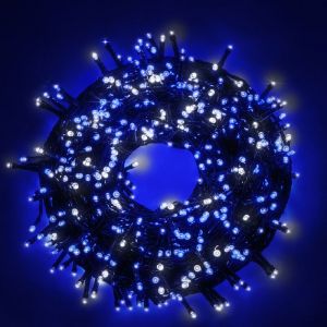 Chaine a' cordes Luccika Home se'rie de 5 mt de 100 lumie'res de sapin de Noel a' leds blanches et bleues 31V cable vert avec 8 jeux de lumie're et