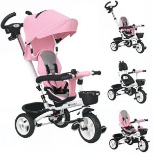 Homcom Tricycle Enfant Évolutif Pliable Pare-Soleil Canne Télescopique Amovible Siège Réversible Rose