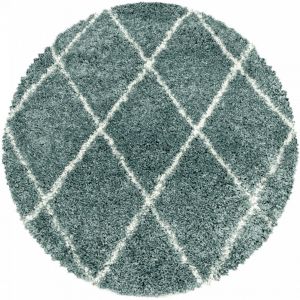 Alvor - Tapis Rond &agrave; Poils Longs Design Berb&egrave;re Motif Losanges (Turquoise et Blanc - 120x120cm)