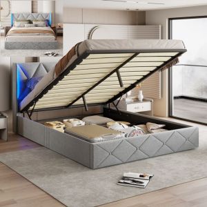 Fortuna Lai - Lit coffre 160x200cm - lit duble décor de butons avec ommier à lattes, tête de lit avec barre latérale led - velours, gris
