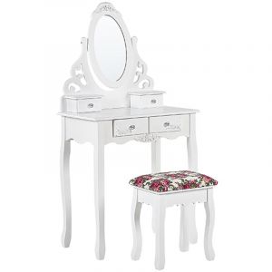 Beliani Coiffeuse blanche 4 tiroirs avec miroir et tabouret AMOUR