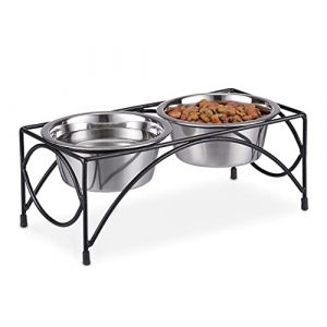 Relaxdays Gamelle pour Chien, Set avec Support, 2 Bols en Acier Inoxydable, 800 ML chacun, Abreuvoir, Noir/argent&eacute;