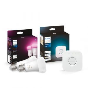 Image de Philips Hue White and Color Ambiance, Kit de démarrage 2 ampoules connectées E27 équivalent 60W, compatible Bluetooth et pont de connexion, compatible Alexa et Google Home