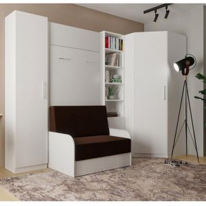 Image de Inside75 Composition angle lit escamotable DYNAMO SOFA accoudoirs blanc tissu marron 90*200 cm 305/100 cm - blanc