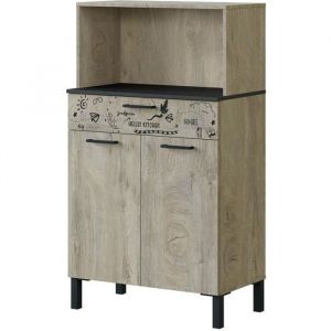 Image de Pegane Buffet meuble de rangement de cuisine coloris gris anthracite-chêne à nœuds avec impression digitale -H126 x L72 x P40cm