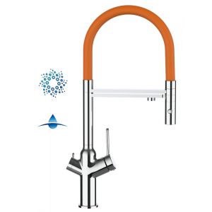 Image de Robinet De Cuisine 4 Voies Mitigeur Chromé Bec Orange Orientable Et Douchette 2 Jets Détachable - À Utiliser Avec Les Filtres À Eau Et Gazéification