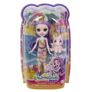 ENCHANTIMALS Sunshine Beach, Ulia Licorne et Son Animal de Compagnie Pacifica, Mini-poupée avec Jupe Amovible et Accessoires, Cadeaux pour Enfants, HRX84