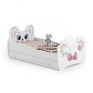 Lit simple enfant - motif pink cat 160x80cm + tiroir de rangement - avec matelas