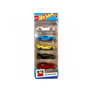 Mattel Coffret 5 vehicules : hw motor show - set voitures miniatures + 1 cartes tigre - jouet enfant