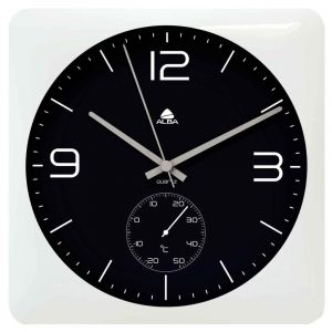 Image de Alba Horloge murale carrée avec fonction thermomètre - 30 cm - Blanc et noir