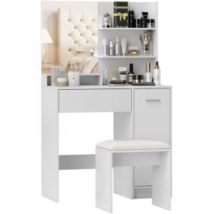 Homcom Ensemble coiffeuse miroir avec tabouret - porte, tiroir, 4 étagères, niche - blanc