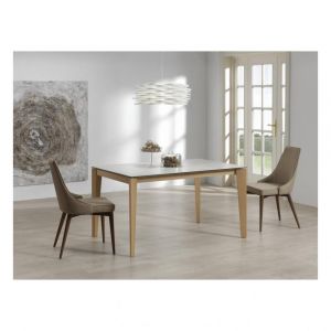 Table repas extensible GEO 6 couverts 120/190x90cm pieds chêne plateau verre blanc