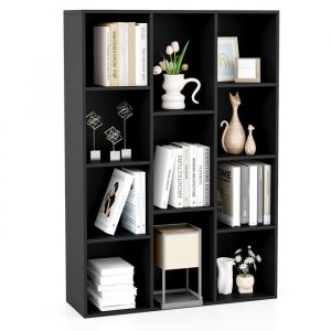 Costway Biblioth&egrave;que Avec 11 Compartiments Ouvertes,, Kits Anti-Basculement, Pour Salon, Chambre, Bureau, 74 X 24 X 106 Cm, Noir