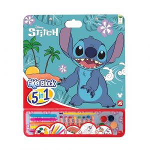 Cefa Toys Activit&eacute;s Giga Block 5 en 1 Stitch, 25 feuilles de coloriage FSC, 8 peintures &agrave; la cire, 5 feutres, 5 aquarelles et feuille d'autocollants amovibles. Convient aux enfants &agrave; partir de 3 ans