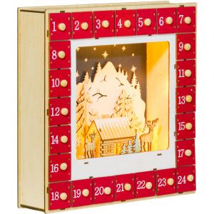 Homcom Calendrier de l'Avent led en bois - 24 tiroirs à remplir - villages, montagnes, forêts, rennes, étoiles - rouge