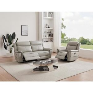 Canapé 3 places et fauteuil relax électrique en cuir gris clair ADELIO