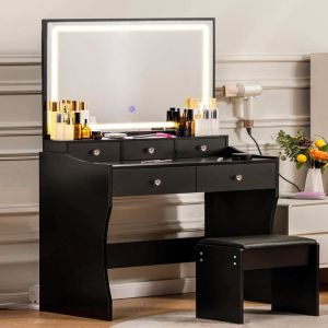 Coiffeuse, Miroir LED à Luminosité Réglable, Table de Maquillage avec Miroir, avec 5 tiroirs et Tabouret rembourré, 40 x 80 x 135 cm
