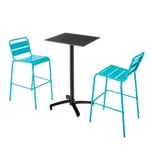 Image de Oviala Ensemble table haute stratifié noir et 2 chaises hautes bleu