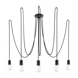 Suspension EDISON acier/corde en textile noir 5 ampoules