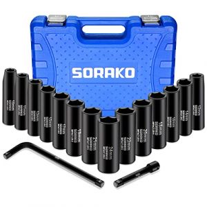 SORAKO Douilles à Choc 1/2", 16 Pièces Coffret Douille Longue à Chocs 6 Pans de 10-24 mm Métriques, 2 Pièces Tige d'extension pour Perceuse Visseuse, Douilles et Coffrets, avec Boîte de Rangement