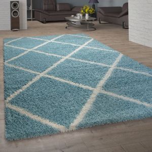 Paco Home - Tapis De Salon Poils Longs Shaggy Motif Losanges Scandinave Moderne Turquoise 80 cm rond