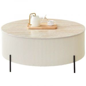 Table Basse RUBY – Céramique Effet Travertin – Pied Métal – Ø80 cm