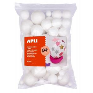 APLI 17456 - Sachet de 100 boules polystyrène blanches, diamètres assortis