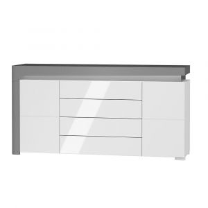 Buffet 2 portes 4 tiroirs LED inclus Teo Blanc et Gris