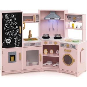 COSTWAY Cuisine Angle Enfants Interactive-Dinette, Lave-linge, Micro-Onde, Lave-vaisselle, Hotte, Plaque, T&eacute;l&eacute;phone,Cafeti&egrave;re Rose