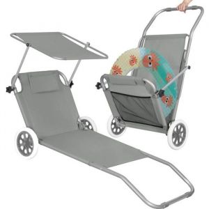 SPRINGOS Fauteuil inclinable d'été avec roues Chaise longue à roulettes Chaise longue avec pare soleil Dossier réglable en 5 positions 2 roues