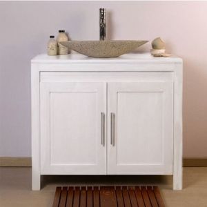 Ensemble Meuble de salle de bain en bois teck blanc 90 cm avec vasque à poser